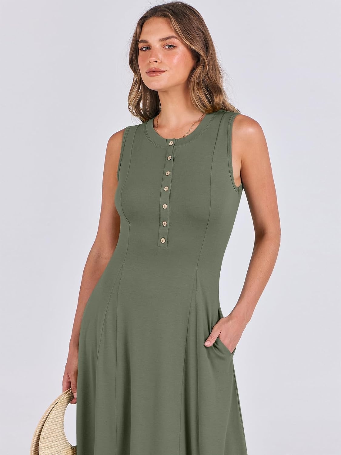 image:imageANRABESS Women Summer Casual Sleeveless Maxi Sundress Button Fit amp Flare ALine Flowy Long Dresses 2026 Beach OutfitsArmy Green