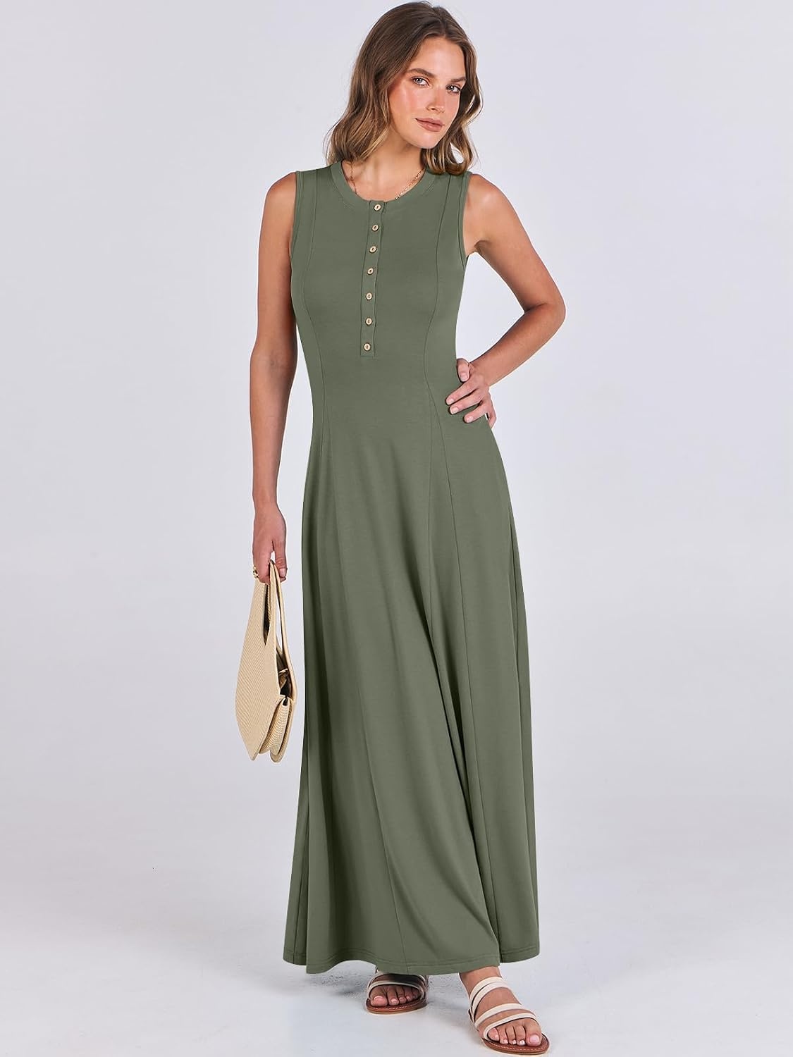 image:imageANRABESS Women Summer Casual Sleeveless Maxi Sundress Button Fit amp Flare ALine Flowy Long Dresses 2026 Beach OutfitsArmy Green