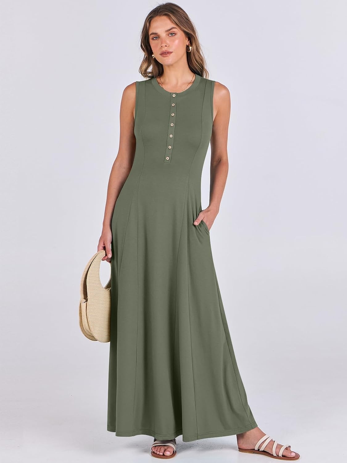 image:imageANRABESS Women Summer Casual Sleeveless Maxi Sundress Button Fit amp Flare ALine Flowy Long Dresses 2026 Beach OutfitsArmy Green