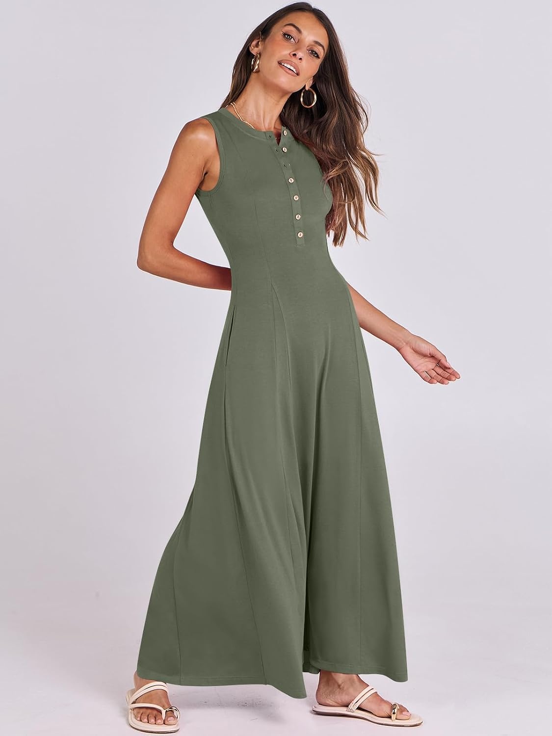 image:imageANRABESS Women Summer Casual Sleeveless Maxi Sundress Button Fit amp Flare ALine Flowy Long Dresses 2026 Beach OutfitsArmy Green