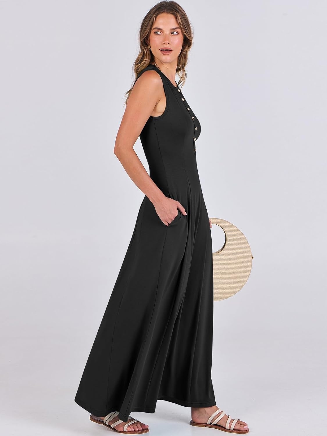 image:imageANRABESS Women Summer Casual Sleeveless Maxi Sundress Button Fit amp Flare ALine Flowy Long Dresses 2026 Beach OutfitsBlack