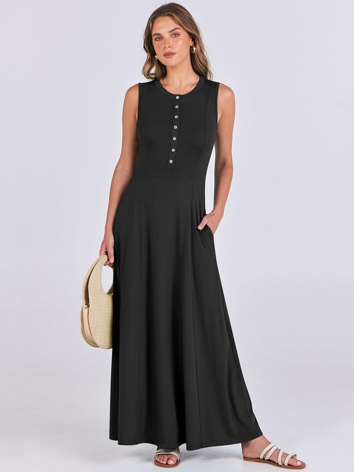 image:imageANRABESS Women Summer Casual Sleeveless Maxi Sundress Button Fit amp Flare ALine Flowy Long Dresses 2026 Beach OutfitsBlack