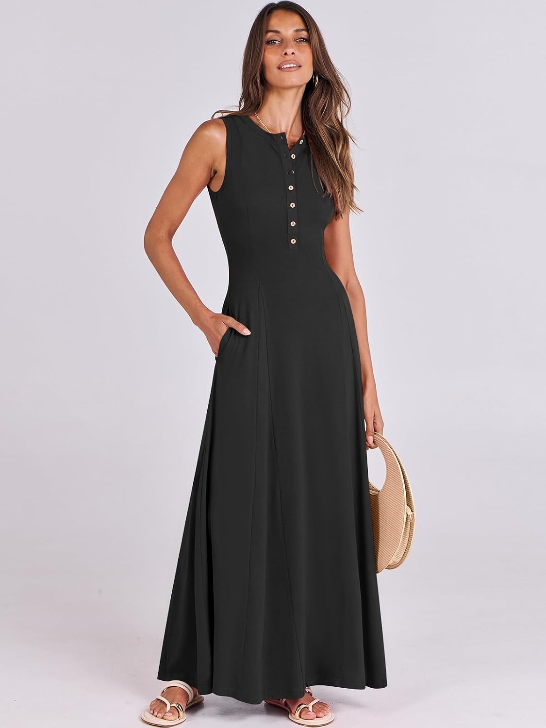 image:imageANRABESS Women Summer Casual Sleeveless Maxi Sundress Button Fit amp Flare ALine Flowy Long Dresses 2026 Beach OutfitsBlack