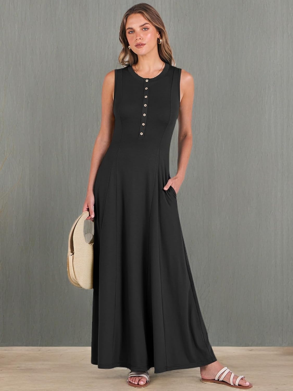 image:imageANRABESS Women Summer Casual Sleeveless Maxi Sundress Button Fit amp Flare ALine Flowy Long Dresses 2026 Beach OutfitsBlack