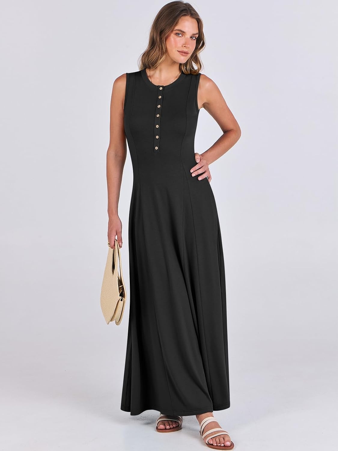 image:imageANRABESS Women Summer Casual Sleeveless Maxi Sundress Button Fit amp Flare ALine Flowy Long Dresses 2026 Beach OutfitsBlack