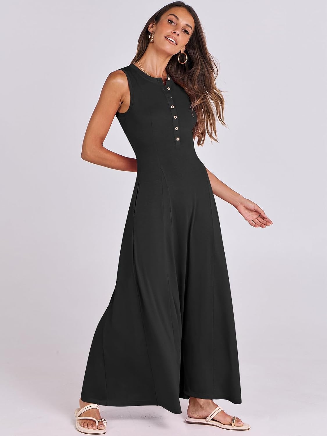 image:imageANRABESS Women Summer Casual Sleeveless Maxi Sundress Button Fit amp Flare ALine Flowy Long Dresses 2026 Beach OutfitsBlack