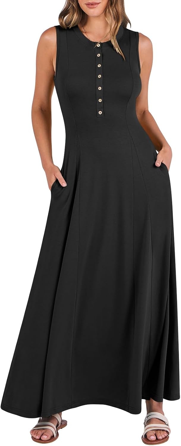 image:imageANRABESS Women Summer Casual Sleeveless Maxi Sundress Button Fit amp Flare ALine Flowy Long Dresses 2026 Beach OutfitsBlack