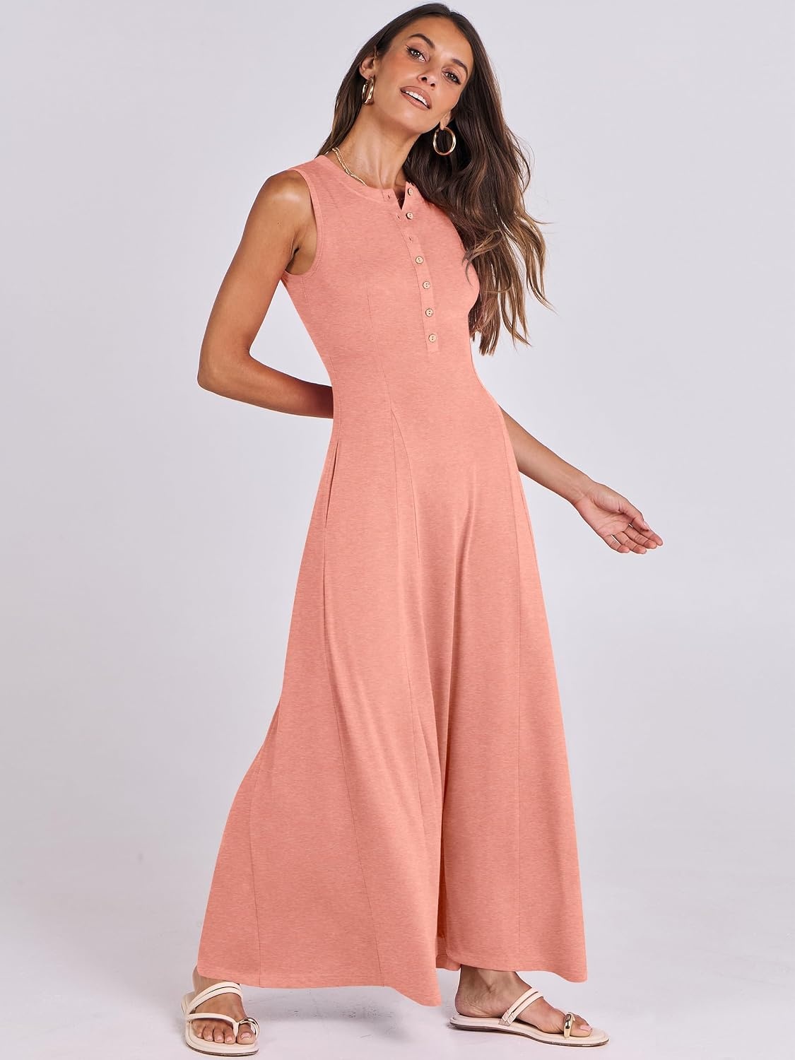 image:imageANRABESS Women Summer Casual Sleeveless Maxi Sundress Button Fit amp Flare ALine Flowy Long Dresses 2026 Beach OutfitsLight Pink
