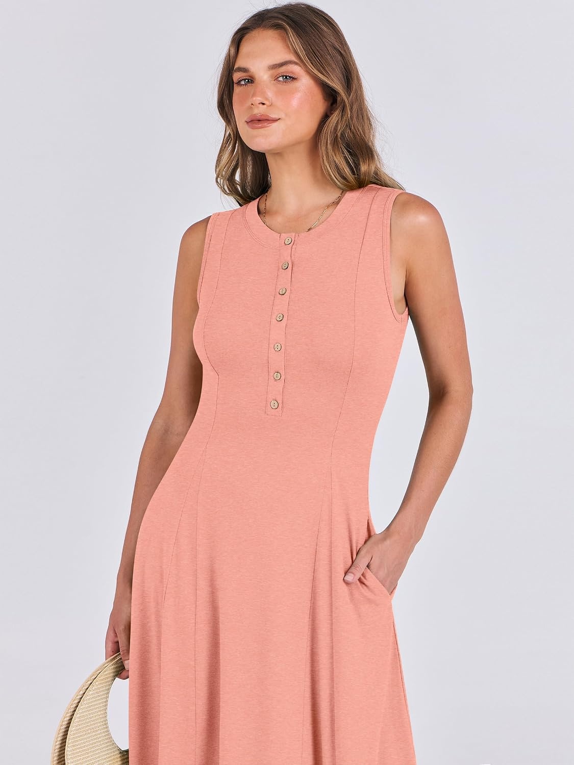 image:imageANRABESS Women Summer Casual Sleeveless Maxi Sundress Button Fit amp Flare ALine Flowy Long Dresses 2026 Beach OutfitsLight Pink