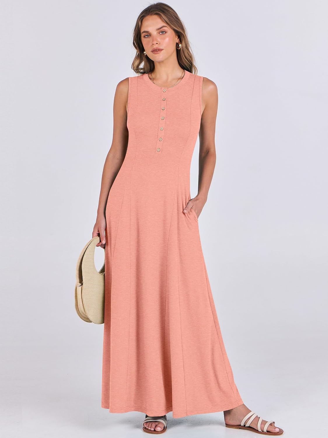 image:imageANRABESS Women Summer Casual Sleeveless Maxi Sundress Button Fit amp Flare ALine Flowy Long Dresses 2026 Beach OutfitsLight Pink