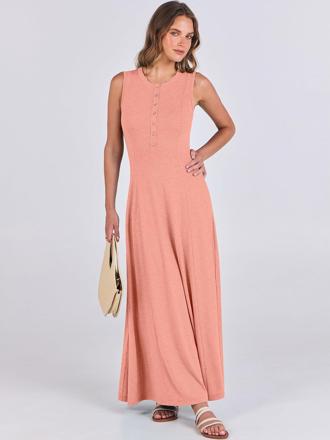 image:imageANRABESS Women Summer Casual Sleeveless Maxi Sundress Button Fit amp Flare ALine Flowy Long Dresses 2026 Beach OutfitsLight Pink