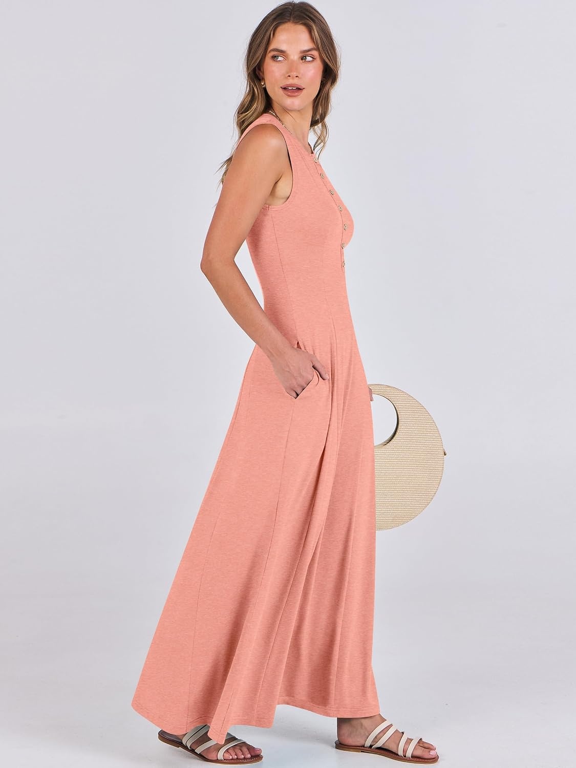 image:imageANRABESS Women Summer Casual Sleeveless Maxi Sundress Button Fit amp Flare ALine Flowy Long Dresses 2026 Beach OutfitsLight Pink