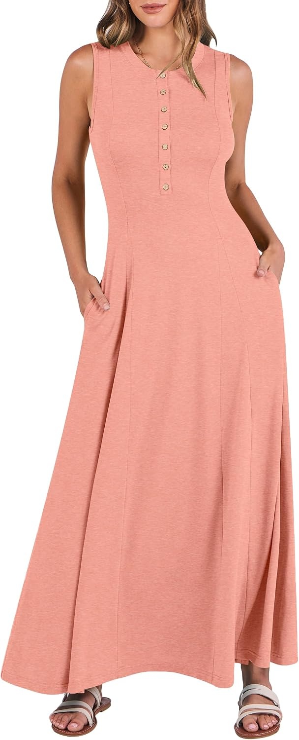 image:imageANRABESS Women Summer Casual Sleeveless Maxi Sundress Button Fit amp Flare ALine Flowy Long Dresses 2026 Beach OutfitsLight Pink