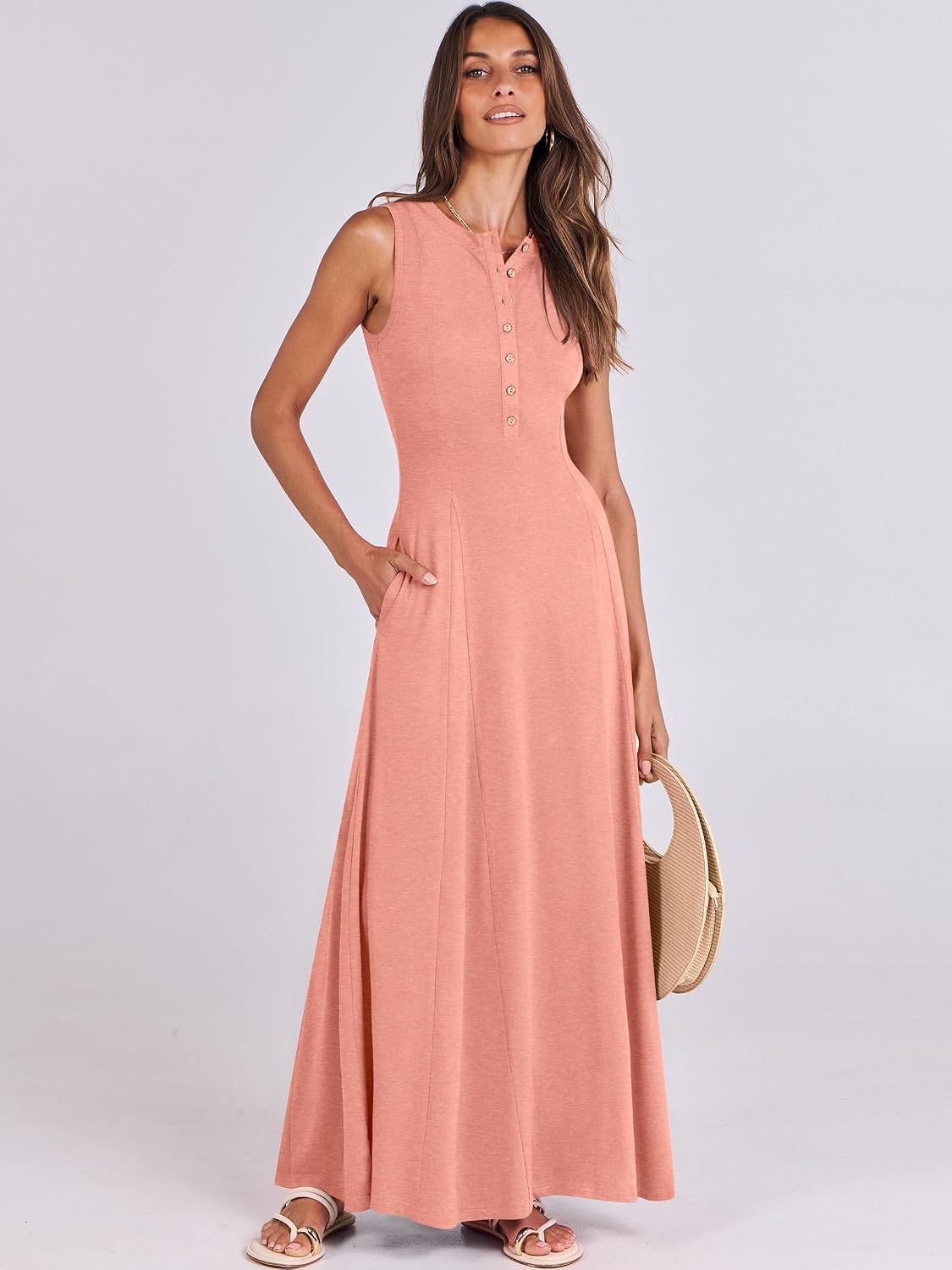image:imageANRABESS Women Summer Casual Sleeveless Maxi Sundress Button Fit amp Flare ALine Flowy Long Dresses 2026 Beach OutfitsLight Pink
