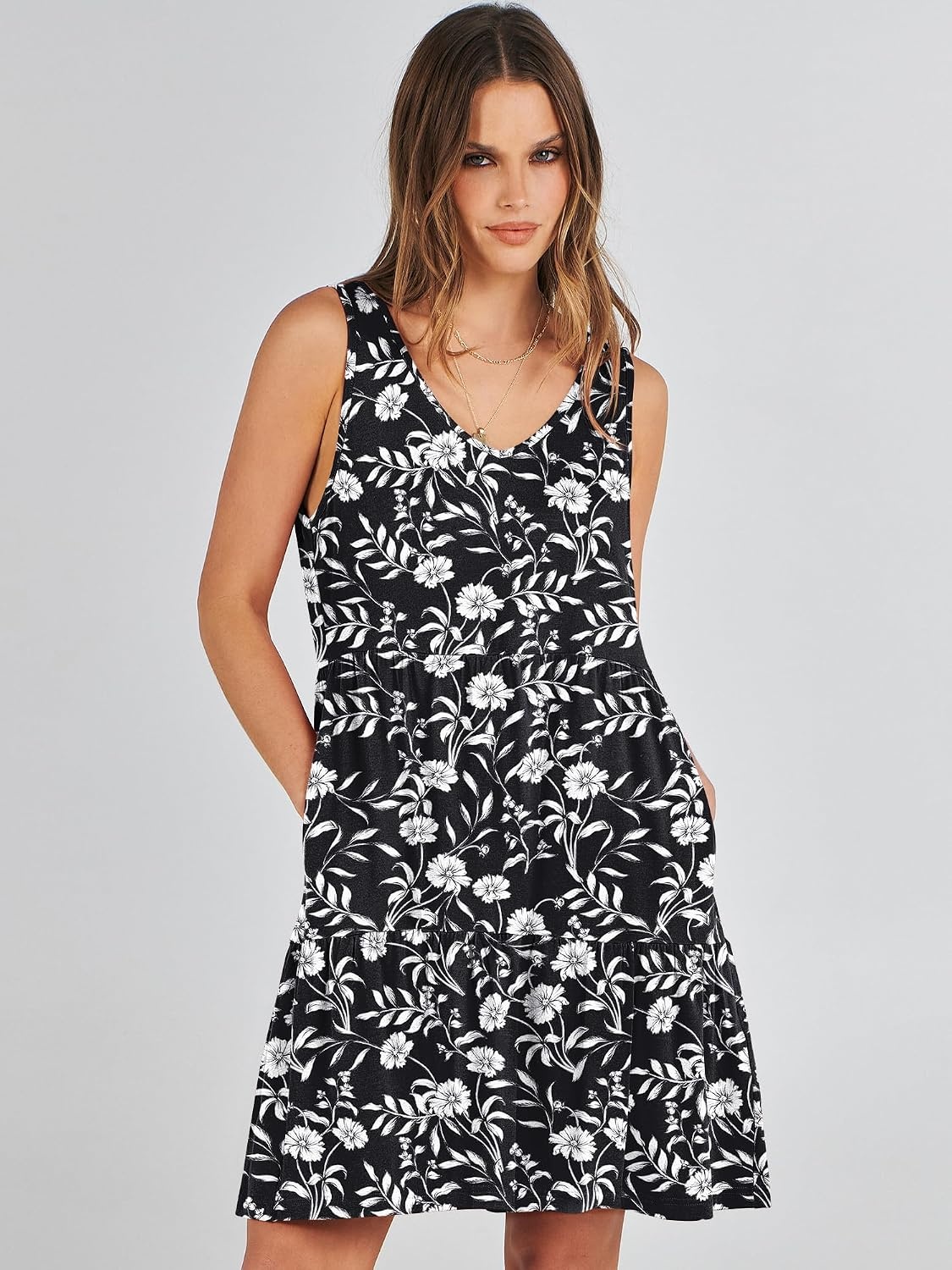 image:imageANRABESS Women Summer Sleeveless Mini Dress Casual Tank SundressBlack White Floral