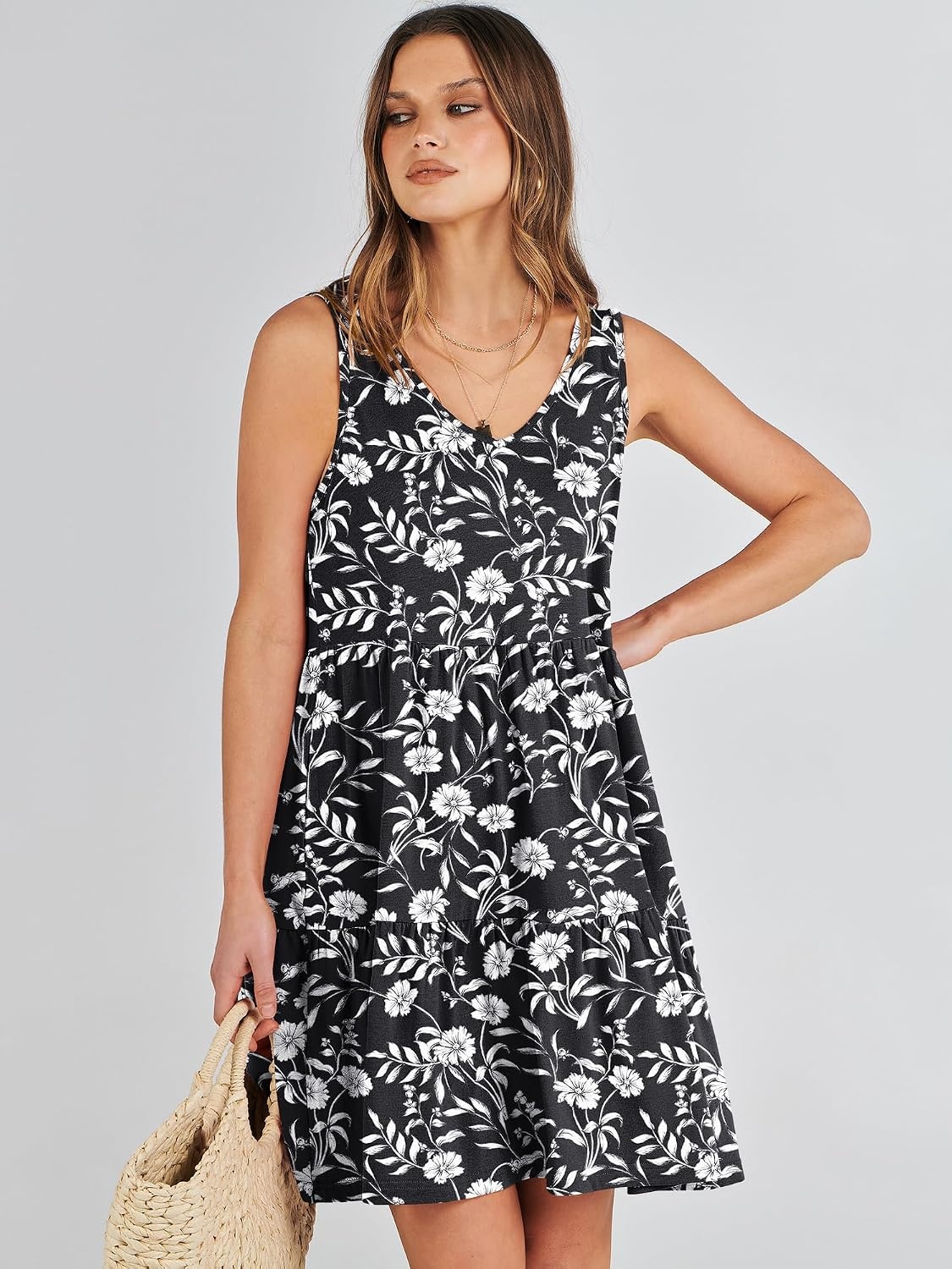 image:imageANRABESS Women Summer Sleeveless Mini Dress Casual Tank SundressBlack White Floral