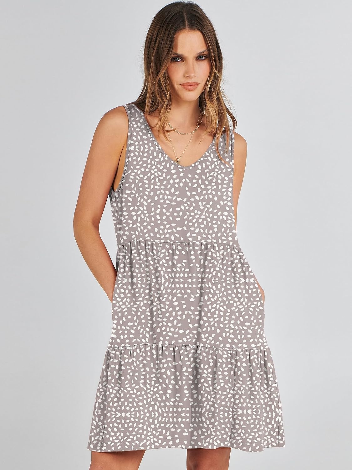 image:imageANRABESS Women Summer Sleeveless Mini Dress Casual Tank SundressKhaki Polka Dot