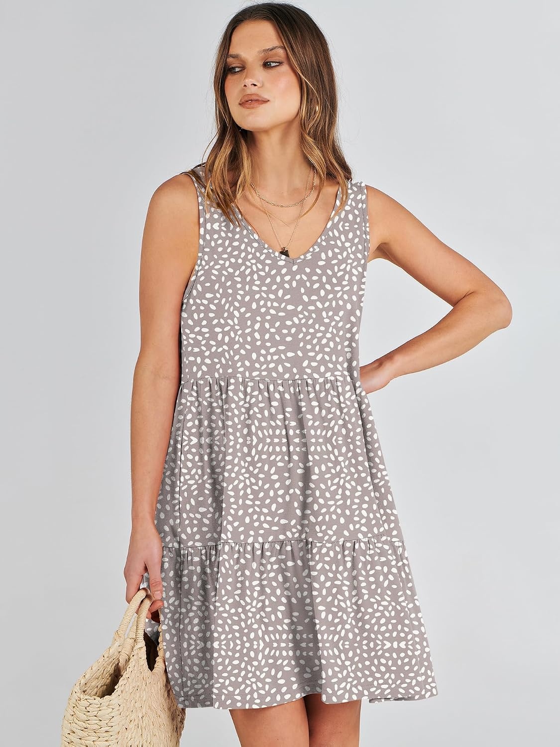 image:imageANRABESS Women Summer Sleeveless Mini Dress Casual Tank SundressKhaki Polka Dot