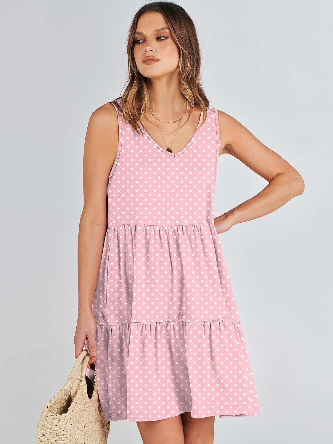 image:imageANRABESS Women Summer Sleeveless Mini Dress Casual Tank SundressPink White Dot