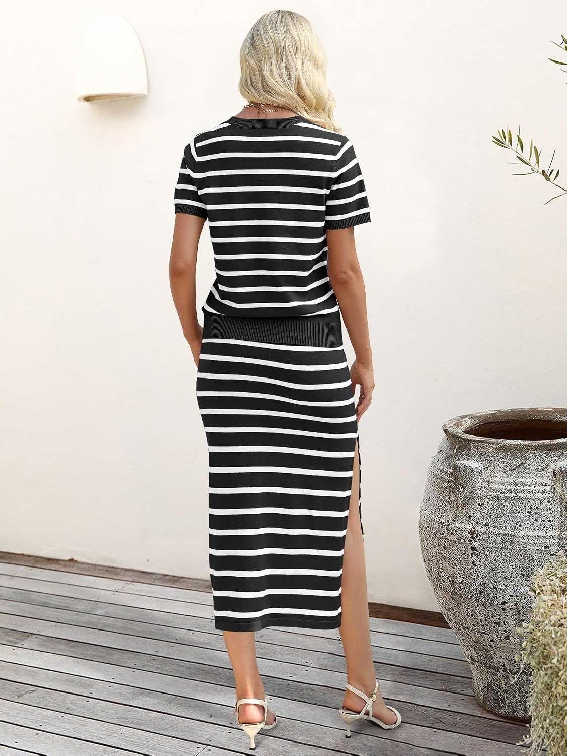 image:imageANRABESS Womens 2 Piece Striped Sweater Skirt SetBlack White