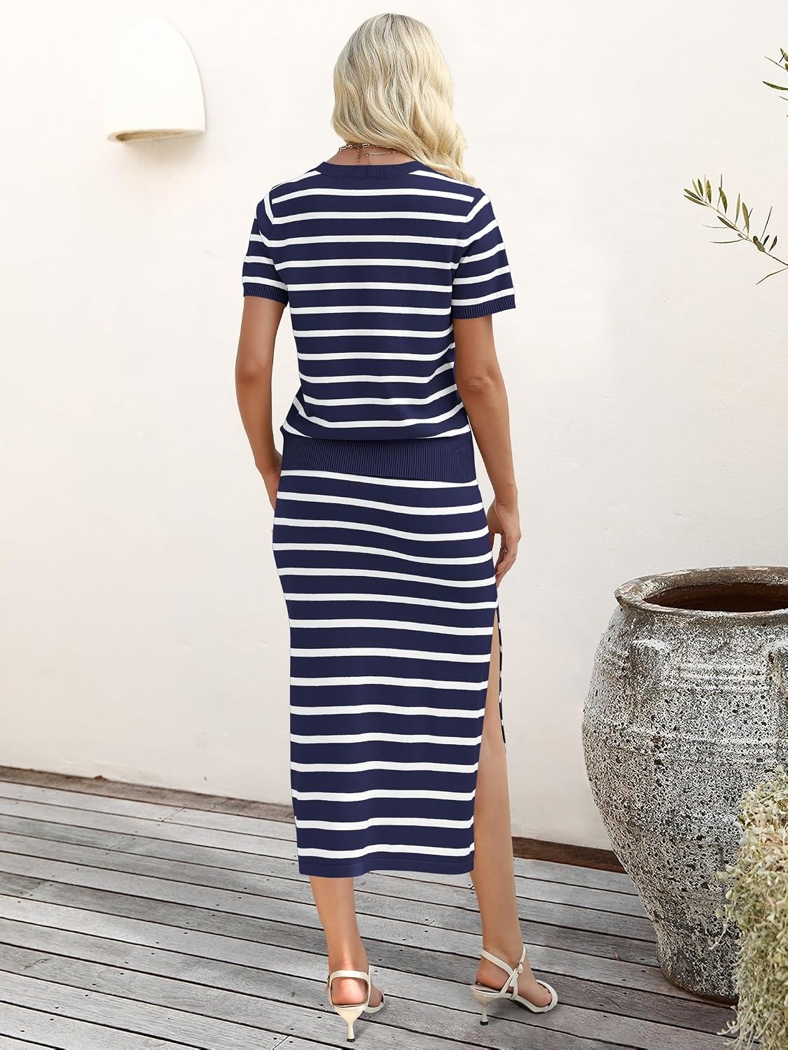 image:imageANRABESS Womens 2 Piece Striped Sweater Skirt SetBlue White