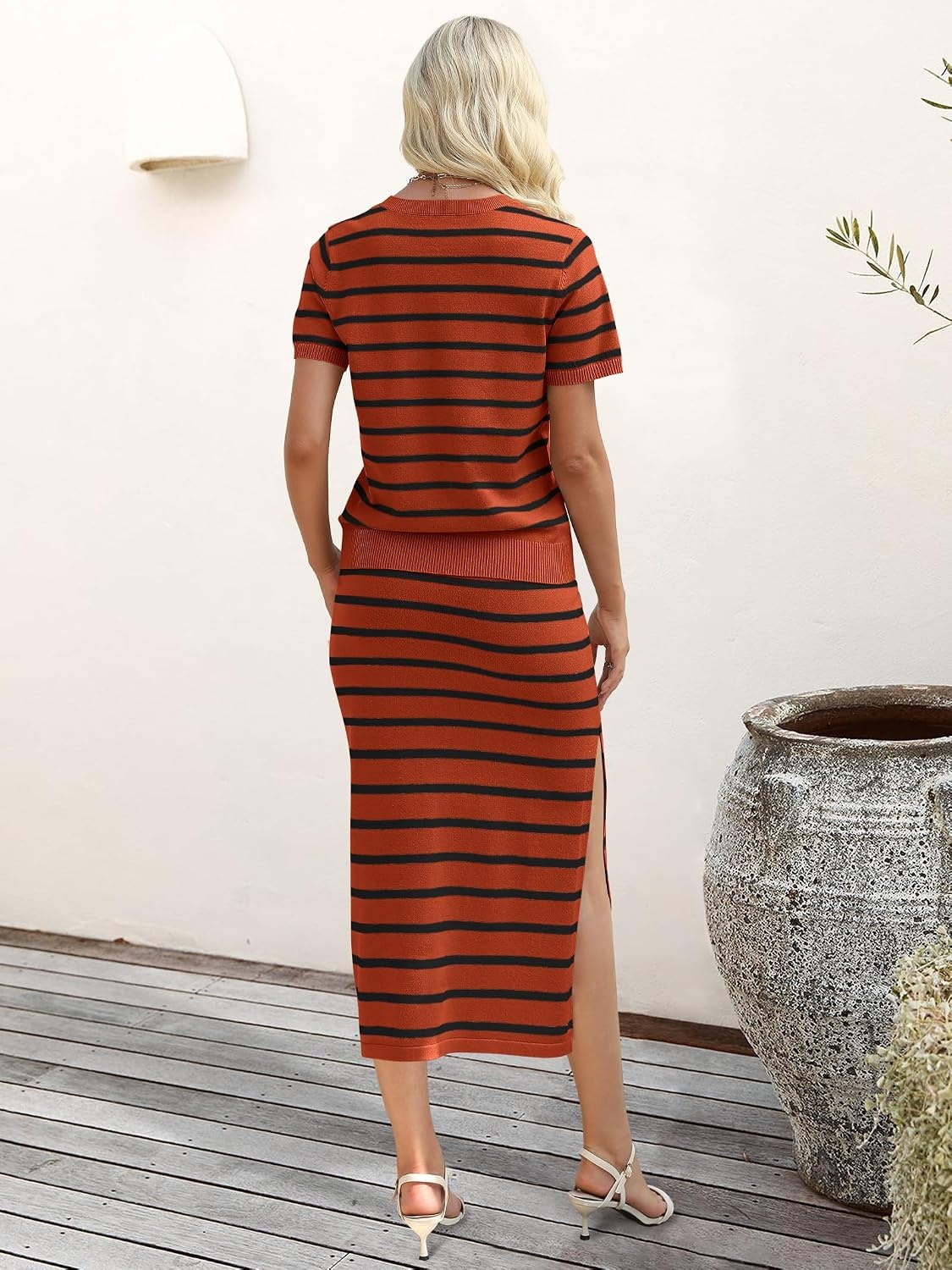 image:imageANRABESS Womens 2 Piece Striped Sweater Skirt SetBrick Red Black Stripe