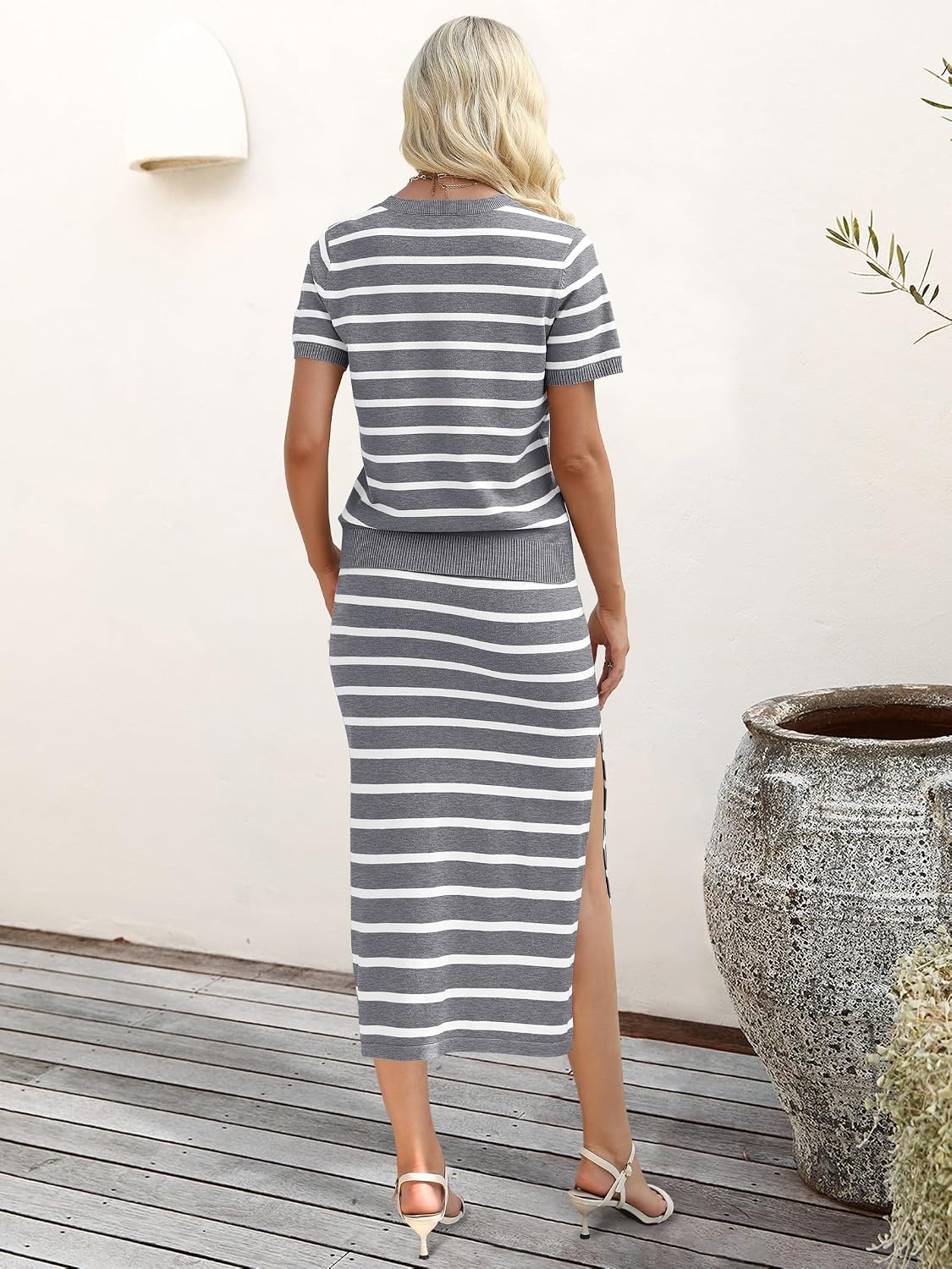 image:imageANRABESS Womens 2 Piece Striped Sweater Skirt SetGrey White