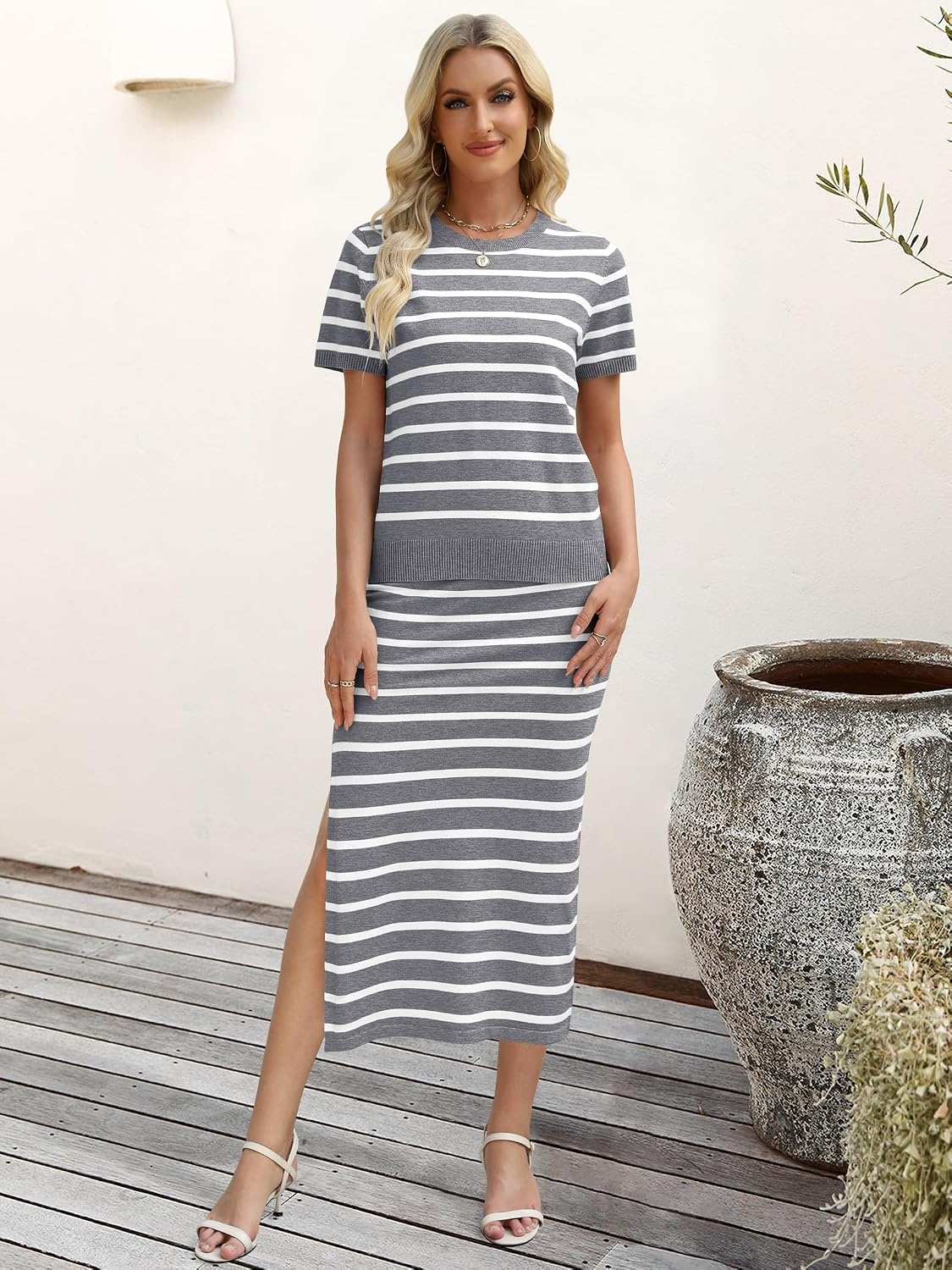 image:imageANRABESS Womens 2 Piece Striped Sweater Skirt SetGrey White