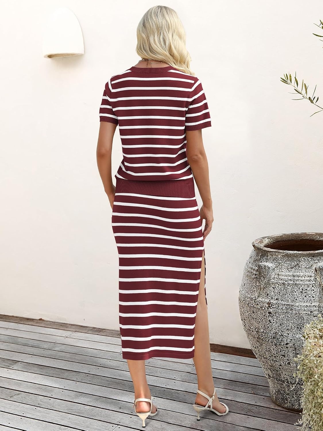 image:imageANRABESS Womens 2 Piece Striped Sweater Skirt SetRed White