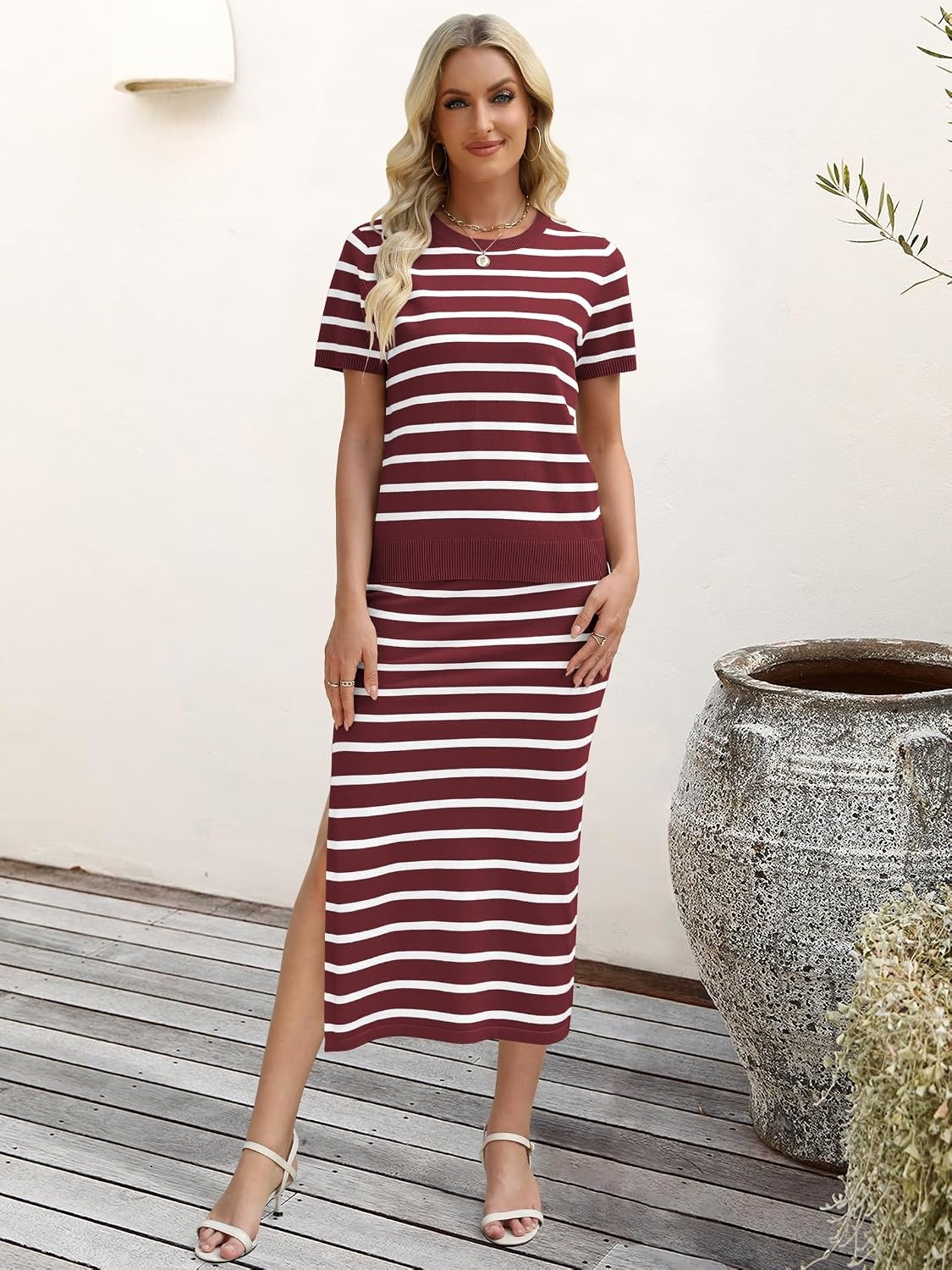 image:imageANRABESS Womens 2 Piece Striped Sweater Skirt SetRed White