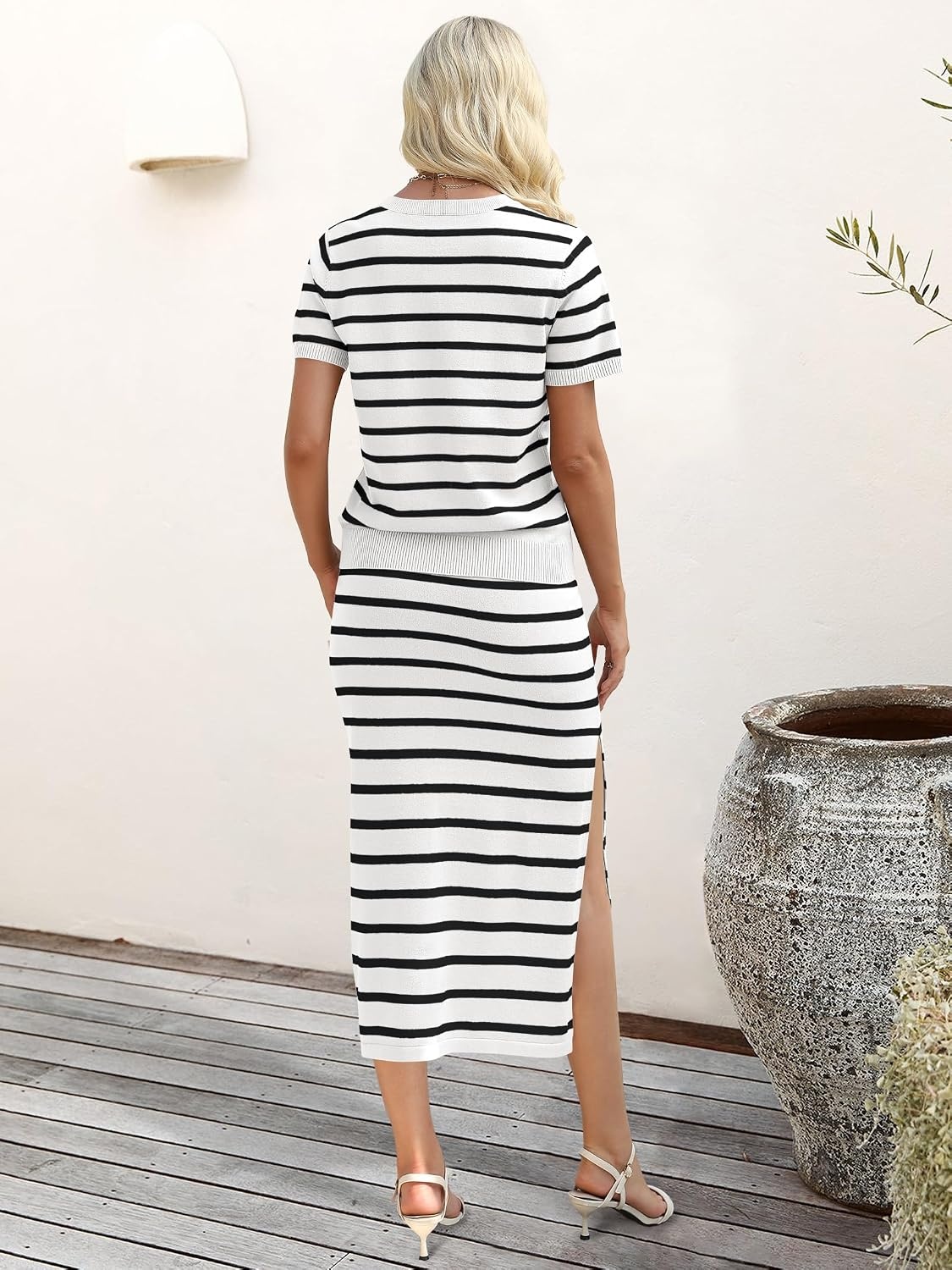 image:imageANRABESS Womens 2 Piece Striped Sweater Skirt SetWhite Black