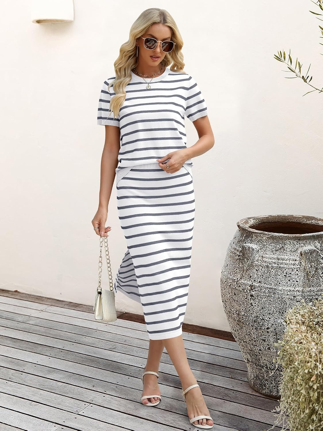 image:imageANRABESS Womens 2 Piece Striped Sweater Skirt SetWhite Grey Stripe