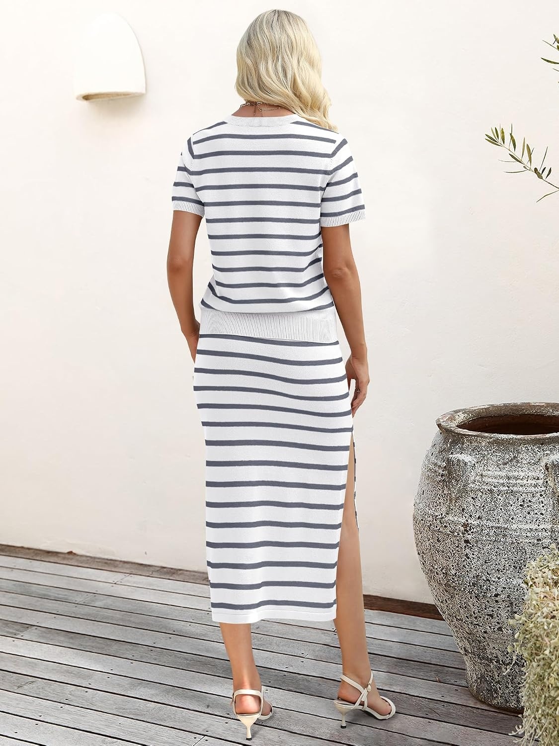 image:imageANRABESS Womens 2 Piece Striped Sweater Skirt SetWhite Grey Stripe