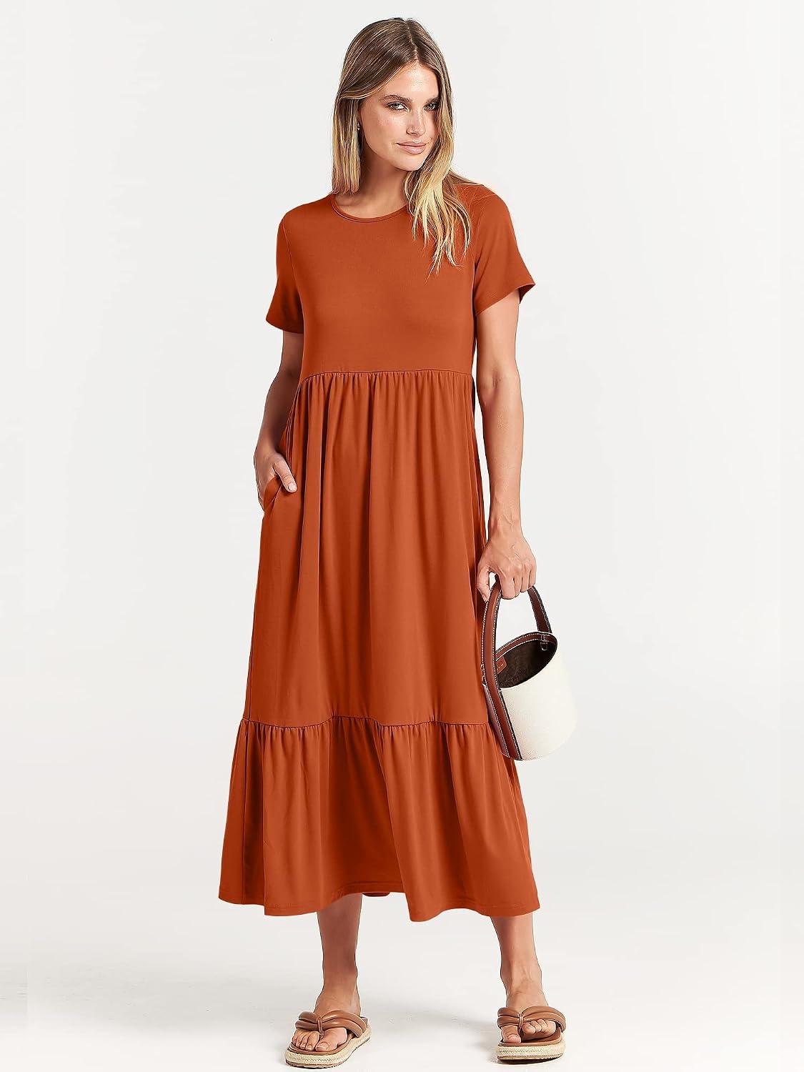 image:imageANRABESS Womens 2026 Summer Casual Short Sleeve Maxi Dress with PocketsBrick Red