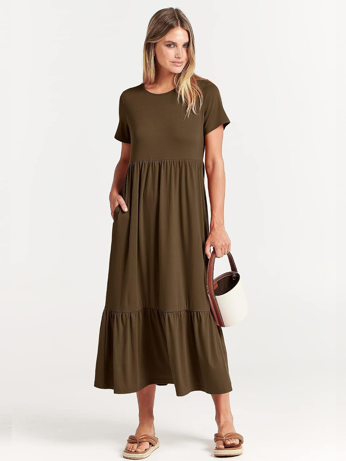 image:imageANRABESS Womens 2026 Summer Casual Short Sleeve Maxi Dress with PocketsCoffee