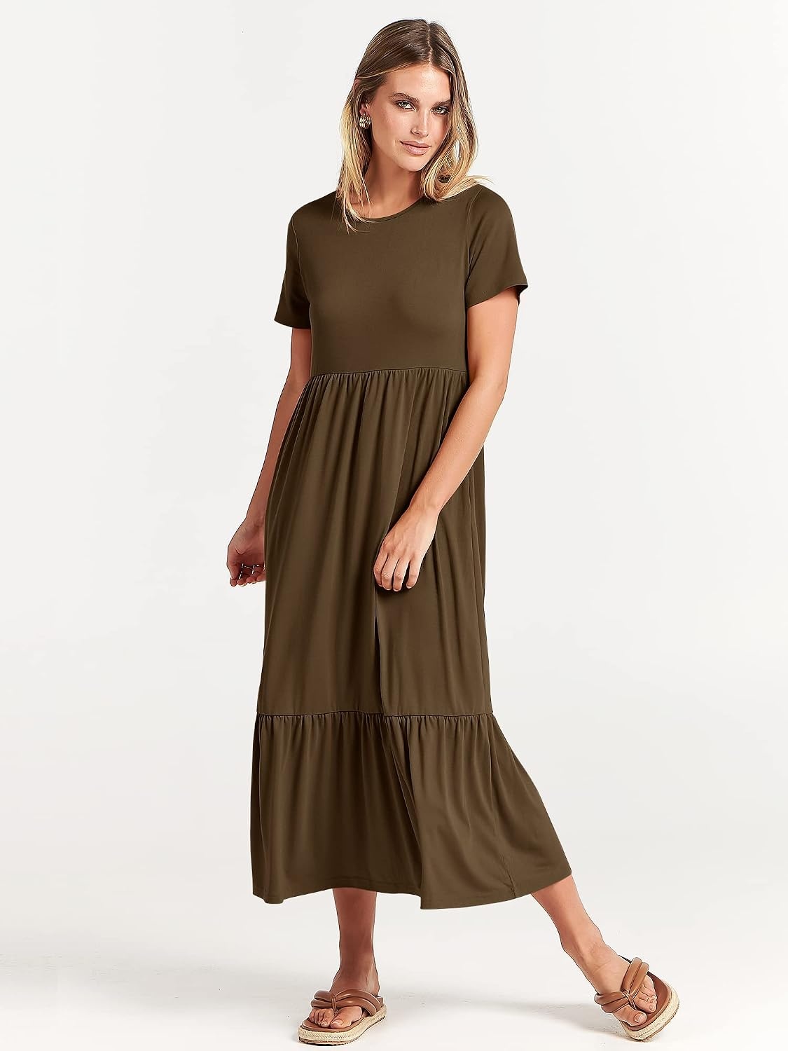image:imageANRABESS Womens 2026 Summer Casual Short Sleeve Maxi Dress with PocketsCoffee