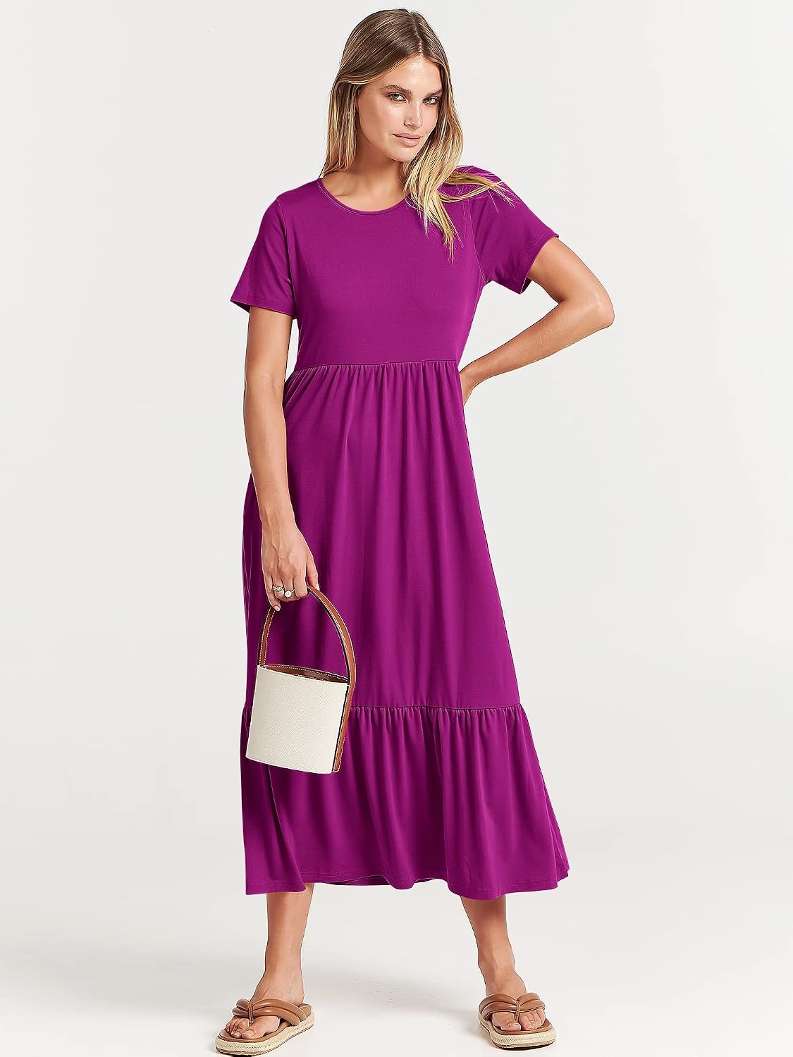 image:imageANRABESS Womens 2026 Summer Casual Short Sleeve Maxi Dress with PocketsFuchsia