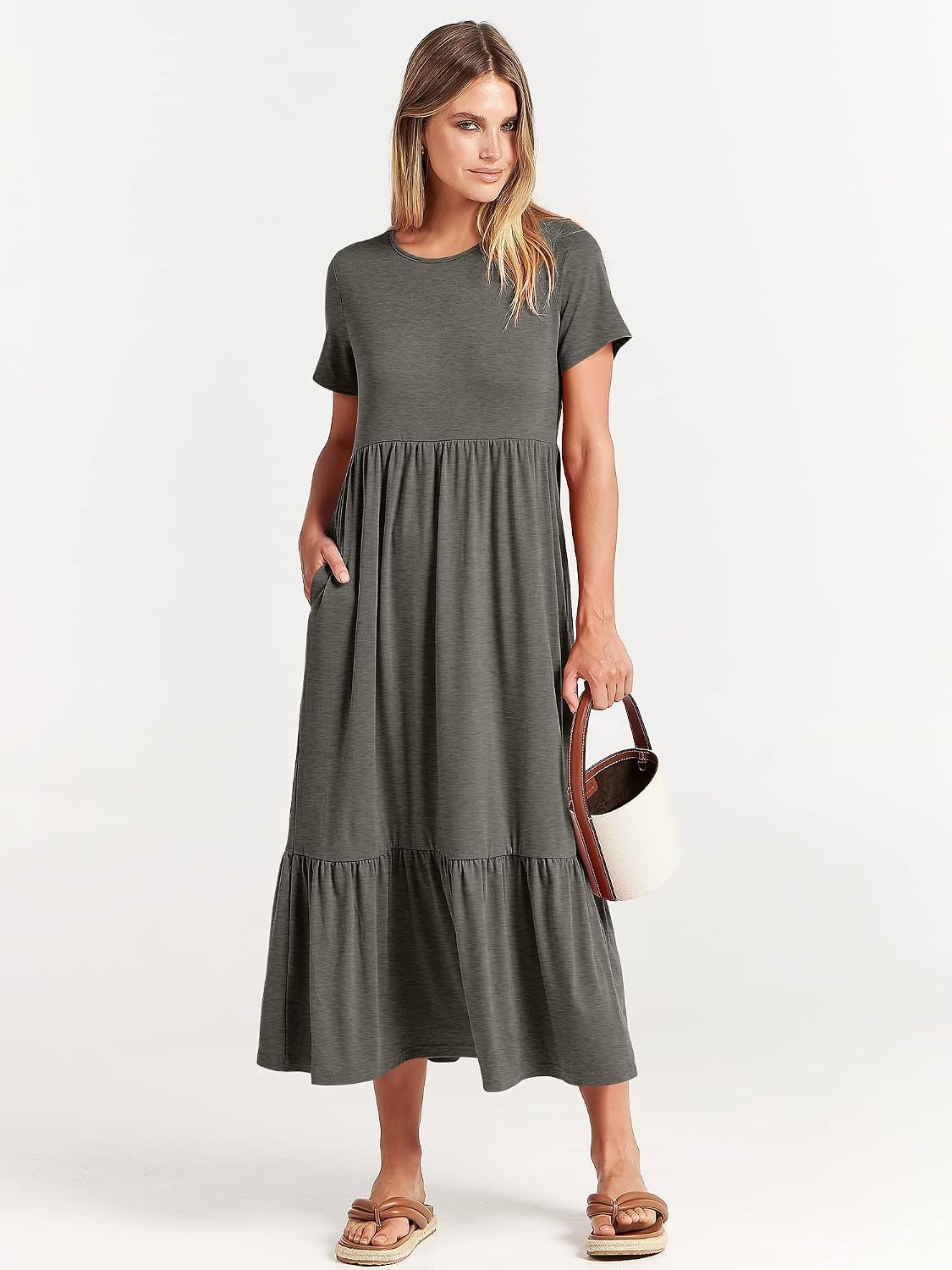 image:imageANRABESS Womens 2026 Summer Casual Short Sleeve Maxi Dress with PocketsGray