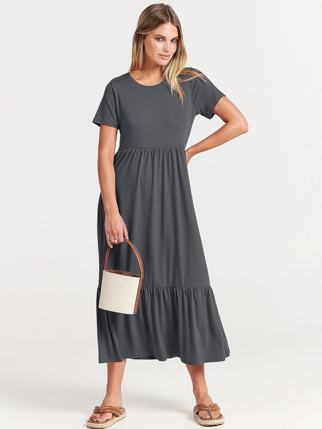 image:imageANRABESS Womens 2026 Summer Casual Short Sleeve Maxi Dress with PocketsGray Blue