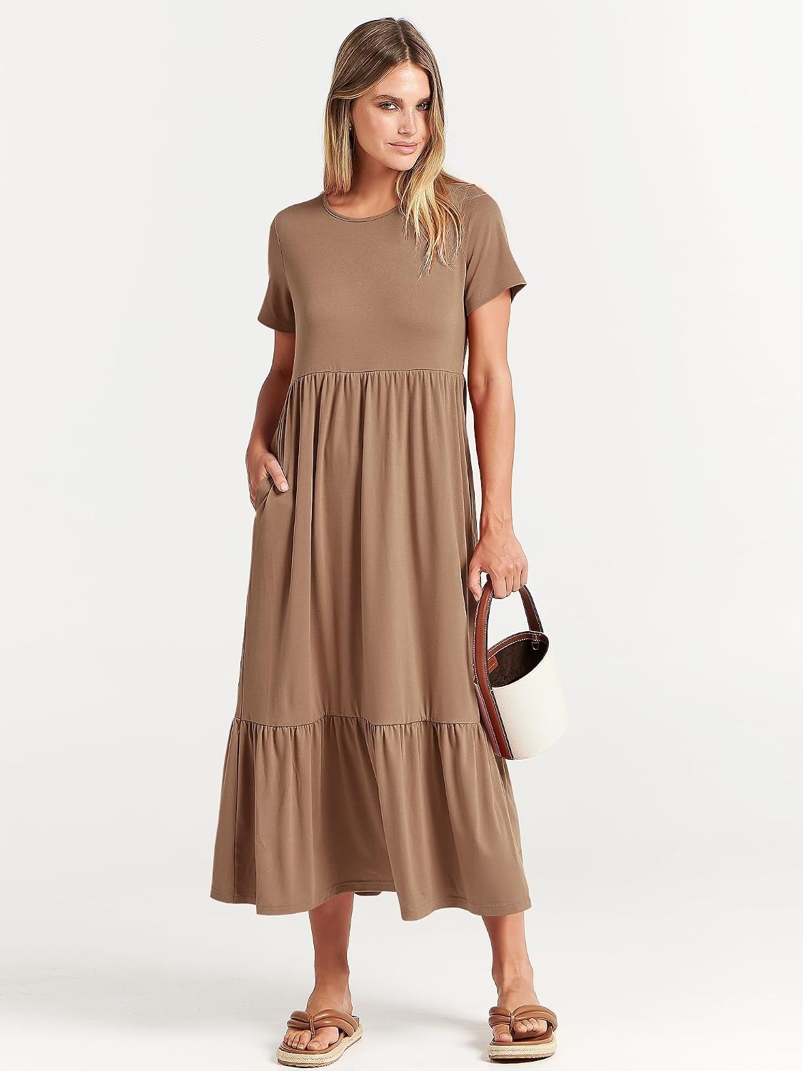 image:imageANRABESS Womens 2026 Summer Casual Short Sleeve Maxi Dress with PocketsKhaki