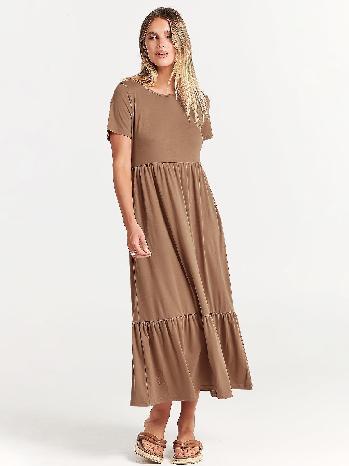 image:imageANRABESS Womens 2026 Summer Casual Short Sleeve Maxi Dress with PocketsKhaki