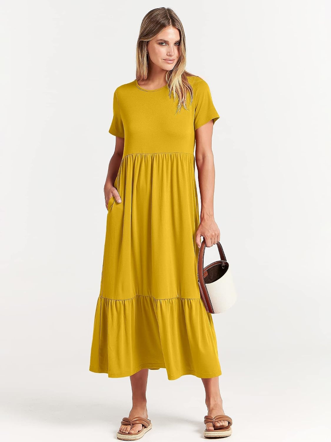 image:imageANRABESS Womens 2026 Summer Casual Short Sleeve Maxi Dress with PocketsMustrad Yellow