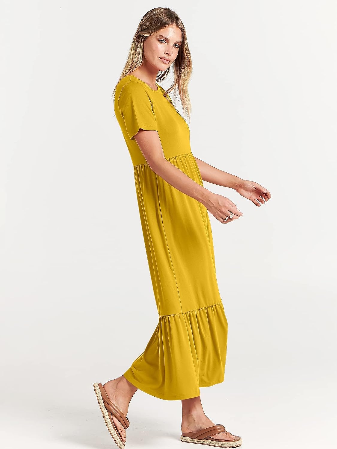 image:imageANRABESS Womens 2026 Summer Casual Short Sleeve Maxi Dress with PocketsMustrad Yellow