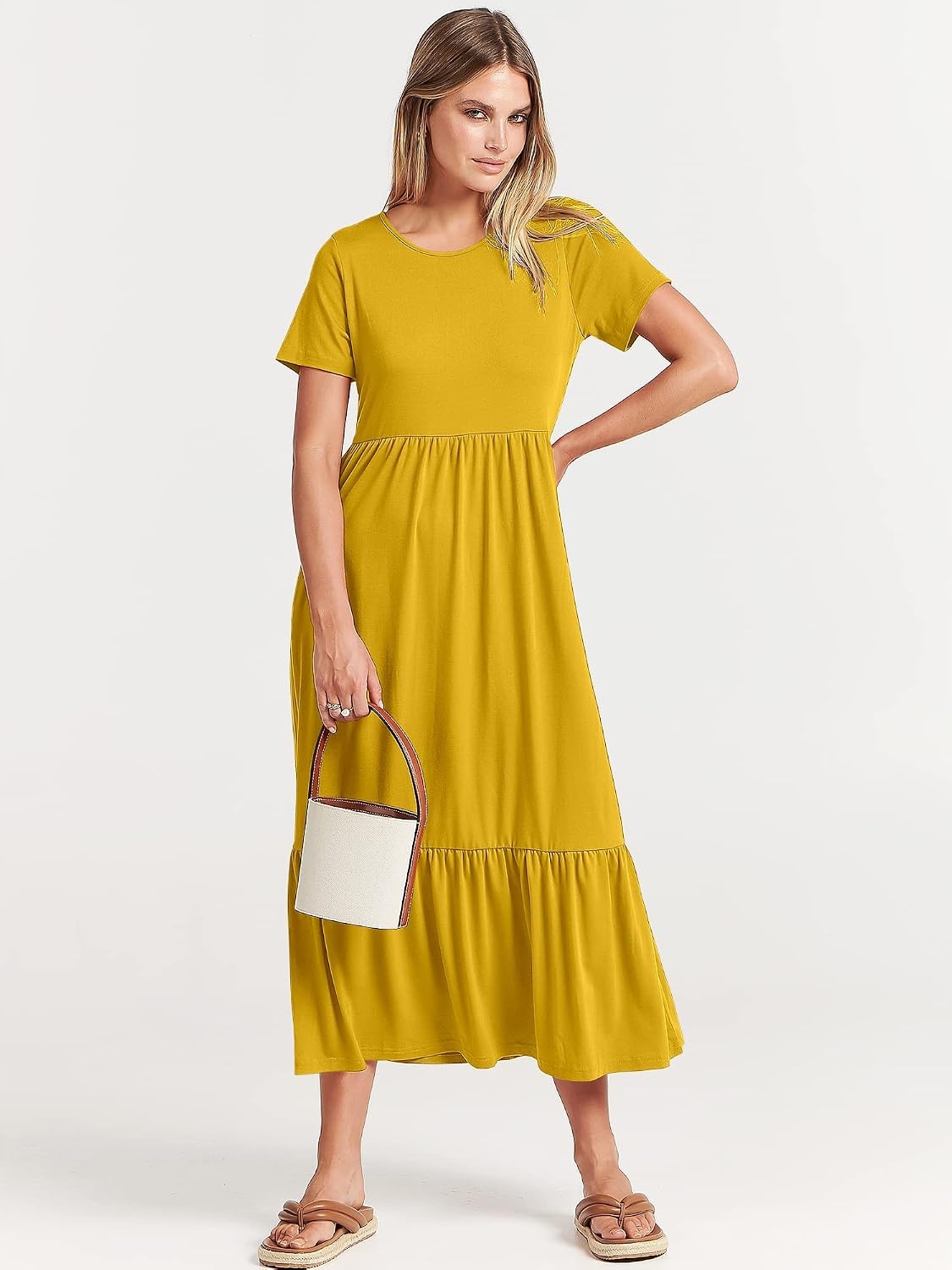 image:imageANRABESS Womens 2026 Summer Casual Short Sleeve Maxi Dress with PocketsMustrad Yellow