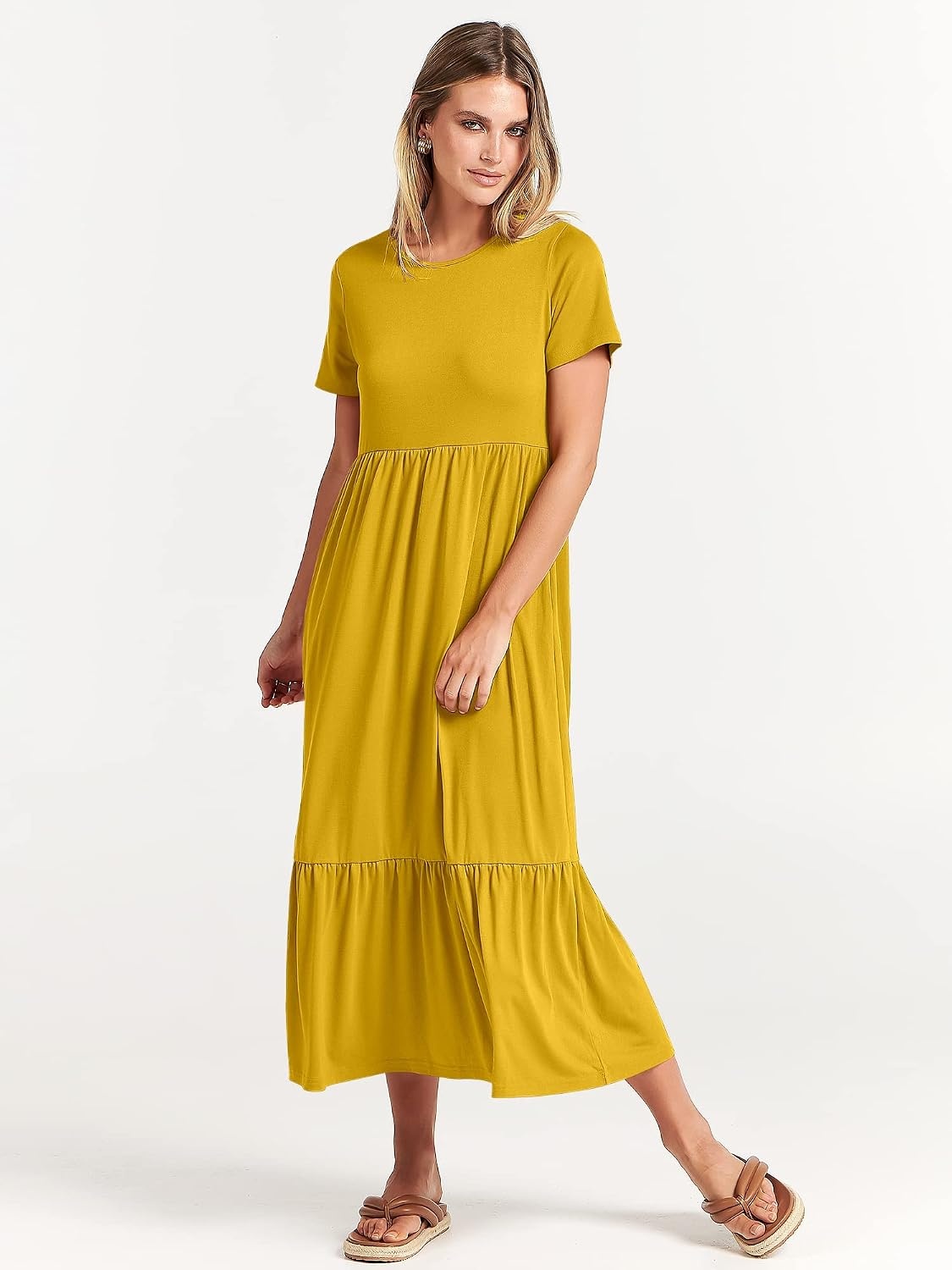 image:imageANRABESS Womens 2026 Summer Casual Short Sleeve Maxi Dress with PocketsMustrad Yellow