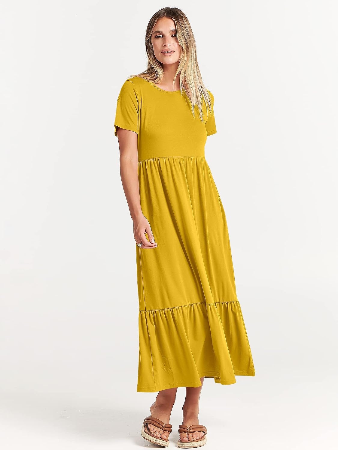 image:imageANRABESS Womens 2026 Summer Casual Short Sleeve Maxi Dress with PocketsMustrad Yellow