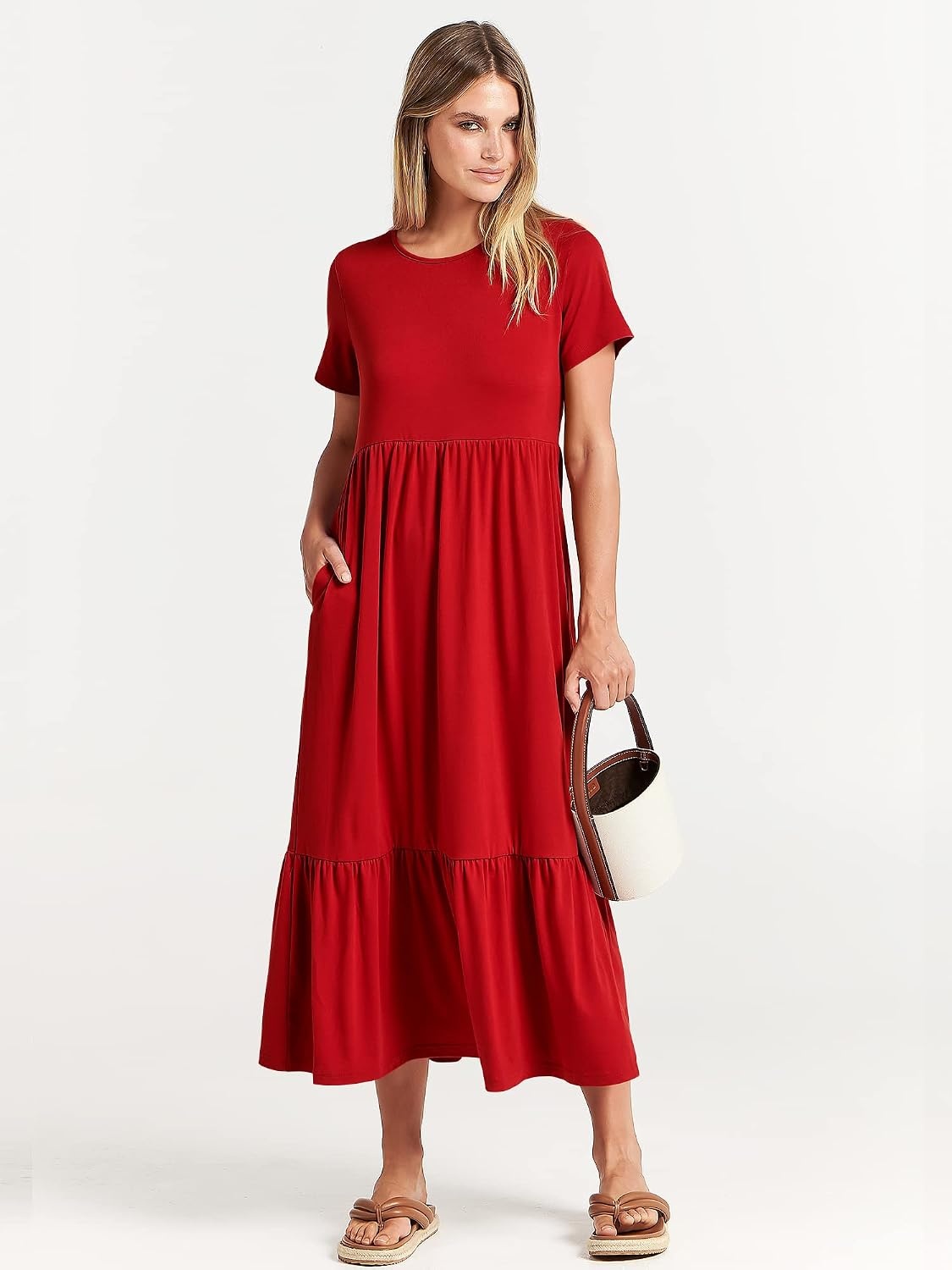 image:imageANRABESS Womens 2026 Summer Casual Short Sleeve Maxi Dress with PocketsRed