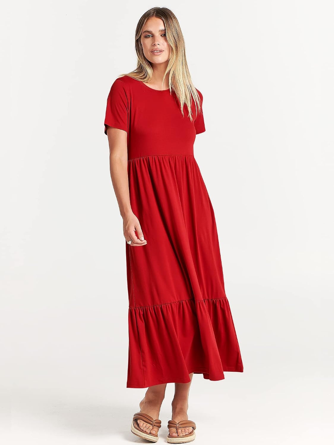 image:imageANRABESS Womens 2026 Summer Casual Short Sleeve Maxi Dress with PocketsRed