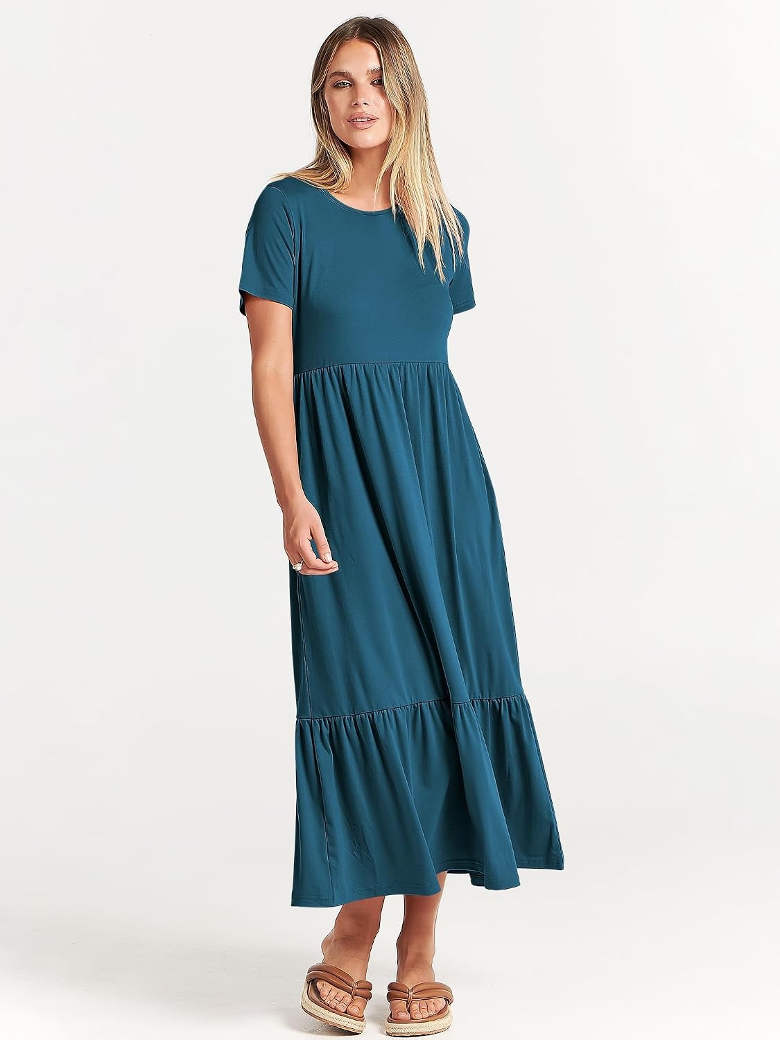 image:imageANRABESS Womens 2026 Summer Casual Short Sleeve Maxi Dress with PocketsTeal Blue