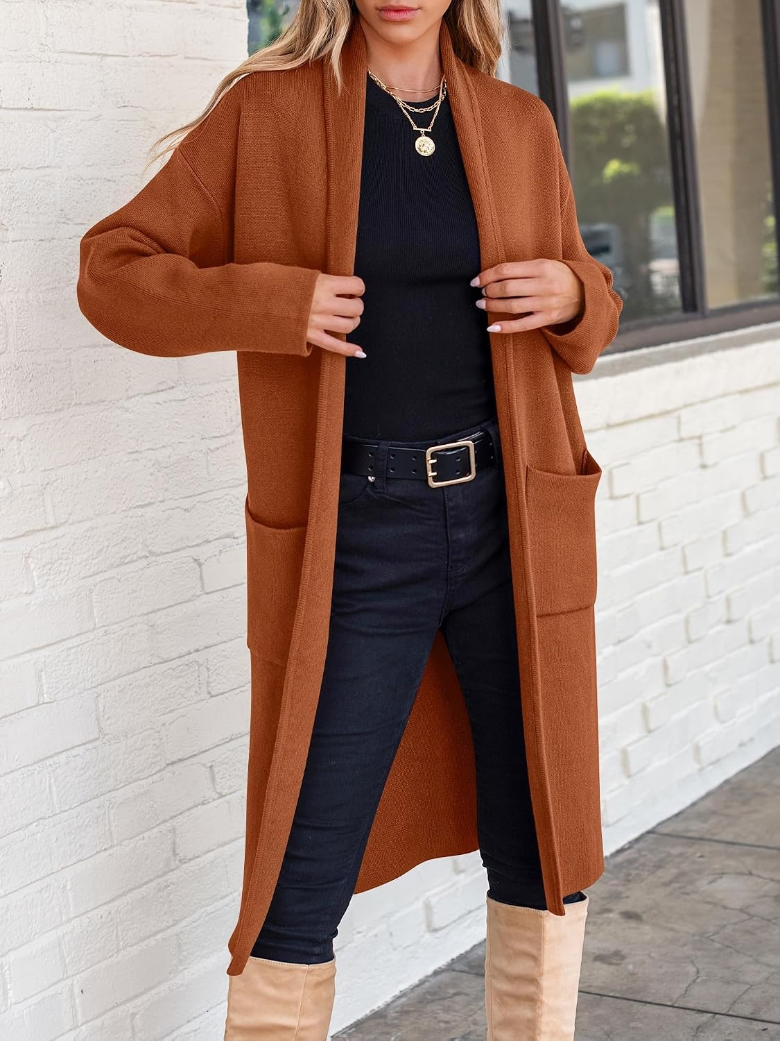 image:imageANRABESS Womens Cardigan Long Sweater Oversized Open Front Knit Coatigan Duster Coat 2026 Trendy Fall Outfits OuterwearCaramel